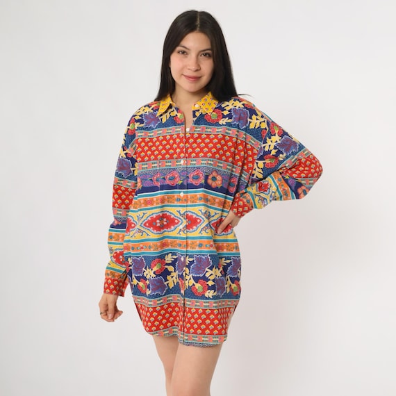90s Adrienne Vittadini Colorful Patchwork Cotton Shirt Floral Print Bold Collared Long Sleeve Button Down Mini Dress Small S