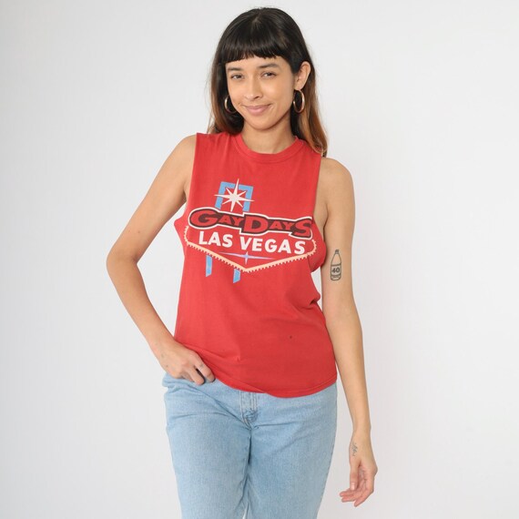 Gay Days Las Vegas Tank Top Red Sleeveless T-Shirt Tropicana Rainbow Back Graphic Muscle Tee Pride Travel Nevada Small xs