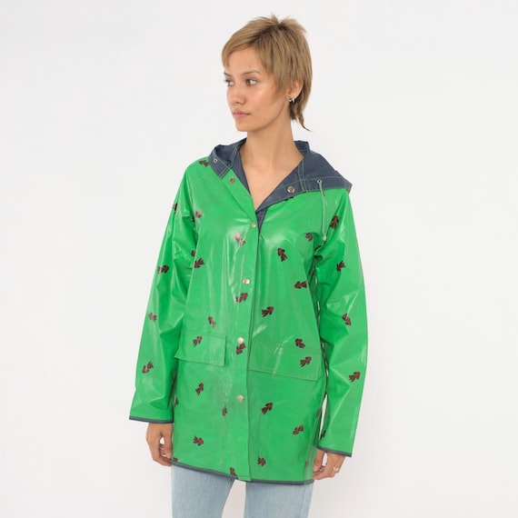 80s Reversible Raincoat Jacket Dog Print Hooded Rain Snap Front Novelty Cute Puppy Slicker Navy Blue Trim Long Sleeve Unisex Vintage Small S