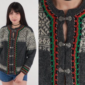 70s Wool Norwegian Sweater Fair Isle Cardigan Charcoal Grey Snowflake Clasp Geometric Print Nordic Jumper Ski Vintage 1970s Small S