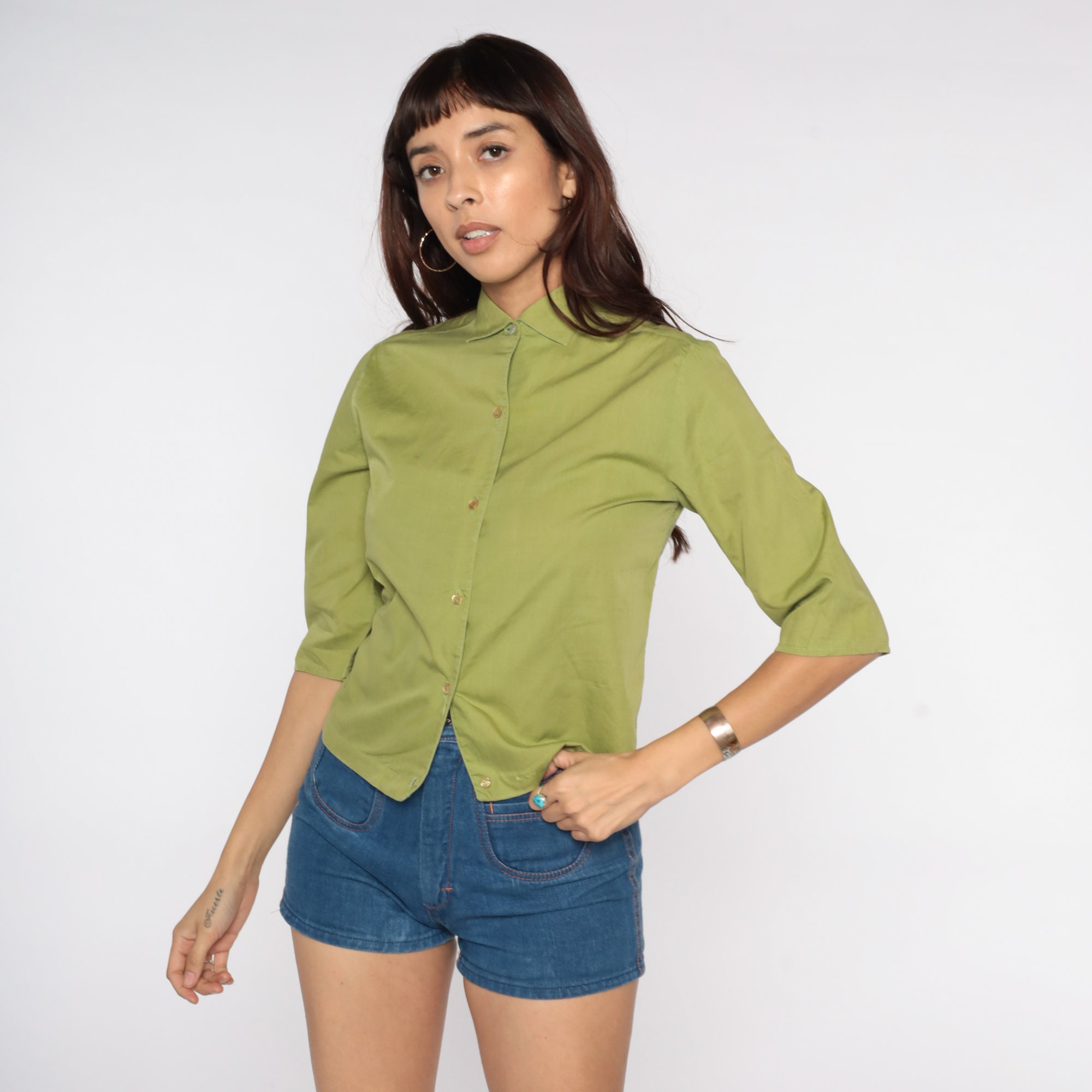 Olive Green Button Up Shirt 60s Blouse Plain Shirt 1960s Shirt Vintage 