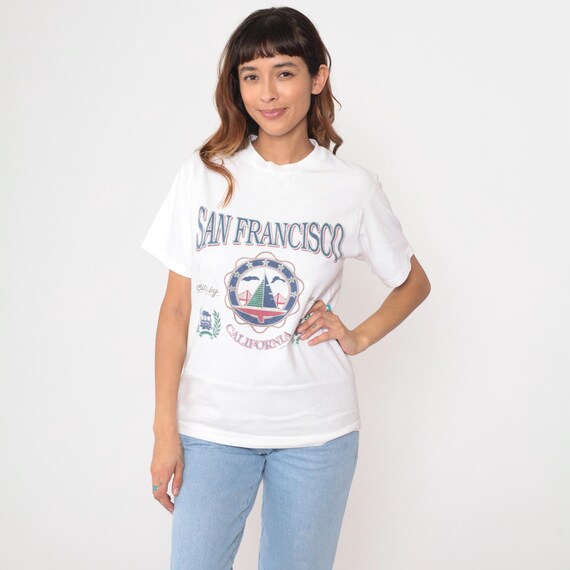San Francisco Tshirt 90s White California Short Sleeve Crew Neck Tourist Souvenir The Bay Cable Car City By The Bay SF Golden Gate Medium M