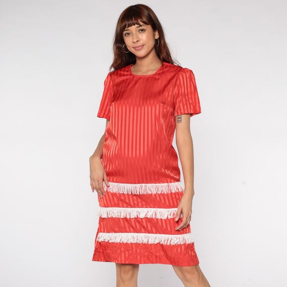 Mod Flapper Dress 60s Red Striped Satin White Fringe Trim Tassel Go Go Cocktail Shift Mini Short Sleeve XS Extra Small