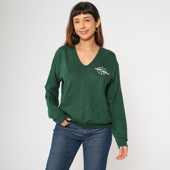 Vintage 80s Basketball Sweater Forest Green V Neck Fighting Scorpions Pullover Acrylic Rayon 1980s Sports Graphic Large