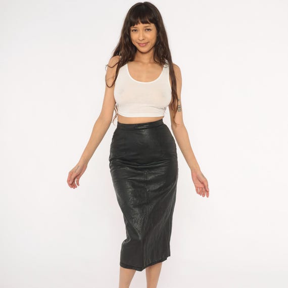 90s Leather Pencil Skirt Black Midi High Waist Snap Back Slit Paneled Seam Detail Fitted Onyx Long Slim Straight Vintage Extra Small XS