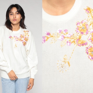 Floral Sequin Sweater 80s 90s White Beaded Flower Sweater Sparkly Knit Pullover Dolman Sleeve Bohemian Knitwear Vintage 1990s Acrylic Large