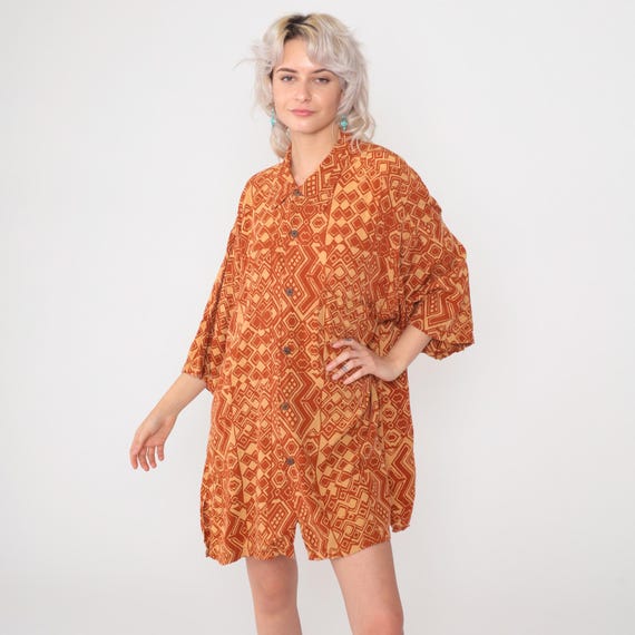 Hawaiian Shirt Dress 90s Orange Rayon Button Down Oversize Midi Geometric Print Vintage Noa Noa Tapa Rust Tan Beach Resort Vacation XL XXL