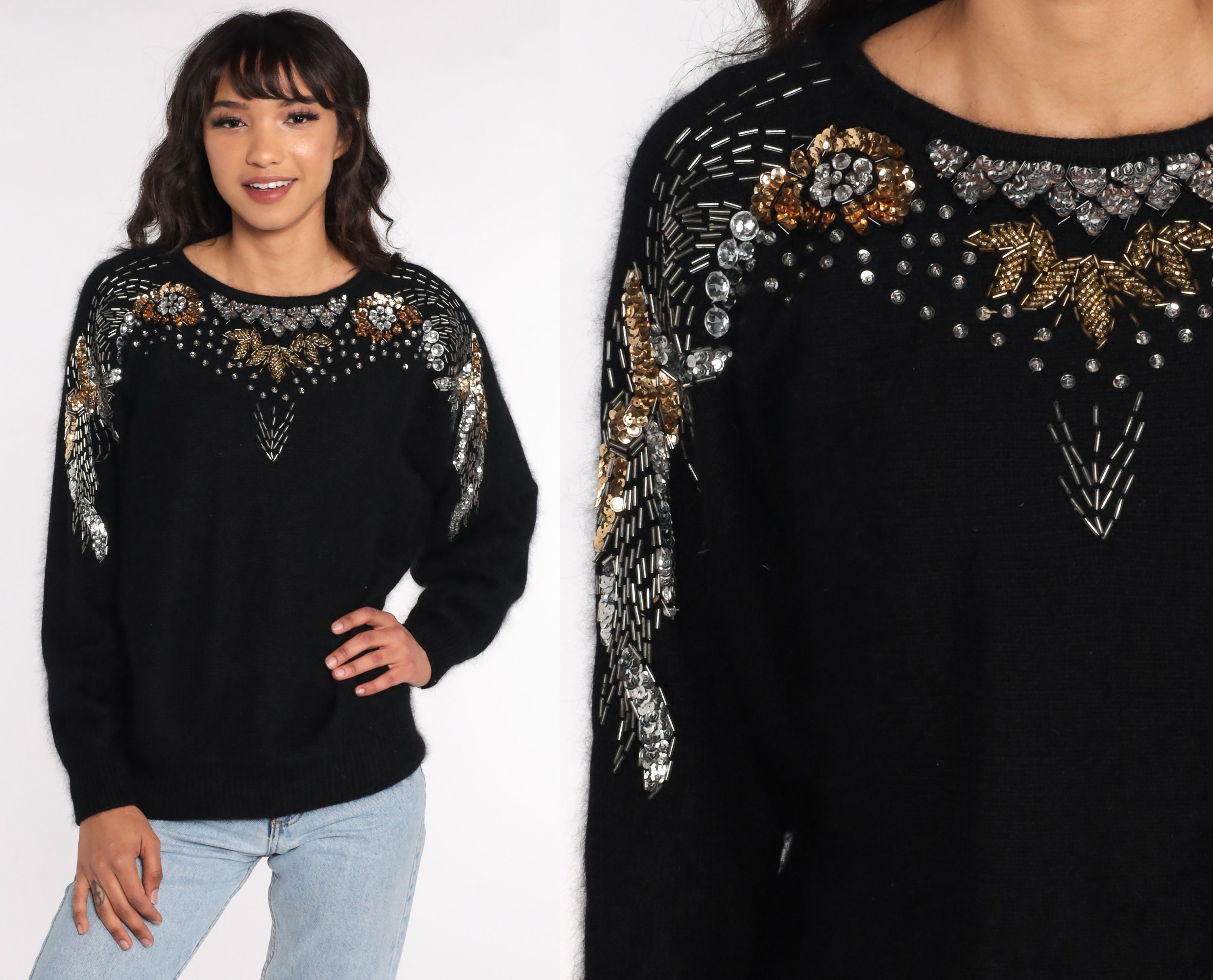ShopExile Angora Beaded Sweater Black Sequin Sweater 80s Fuzzy Wool Blend Party Sweater Knit Slouchy 1980s Pullover Vintage Hipster Jumper Large