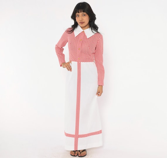 70s Gingham Maxi Dress Red White Check Mod Pointed Collar Long Sleeve A Line Prairie Picnic Garden Party Miss Donna Vintage Small S
