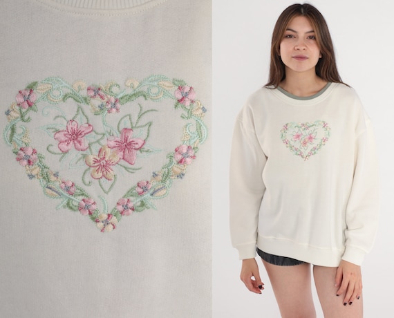 Floral Heart Sweatshirt 90s Cream Embroidered Grandma Sweater Flower Print Pullover Retro Cozy Cute Spring Top Vintage 1990s Large xl