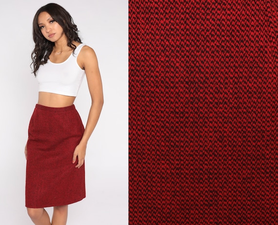 80s Pencil Skirt Red Black Cashmere Wool Blend Mi… - image 1