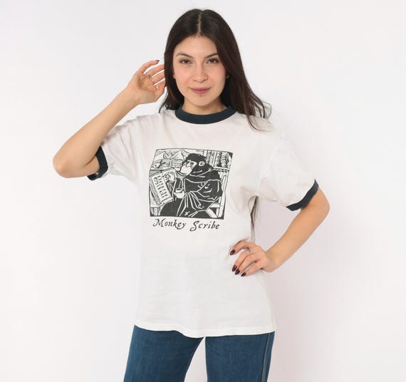 Distressed 90s Monkey Scribe Ringer Tee White Black Woodcut Print Monk Chimp Novelty Literary Dark Academia Top Nerdy Gaming Vintage Small S