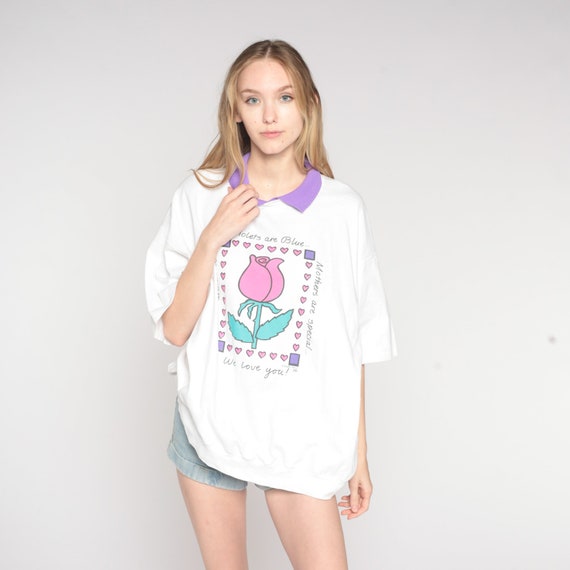 Vintage Mom T-shirt 90s Collared Tshirt Floral Rose Graphic Tee Mother Love Heart Shirt Cute Purple Collar Slouchy White 1990s 3xl xxxl
