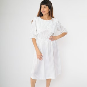 Vintage 80s White Ruffle Dress Puff Sleeve Midi Striped High Elastic Waist Semi-Sheer Secretary Day Dress 1980s Medium M