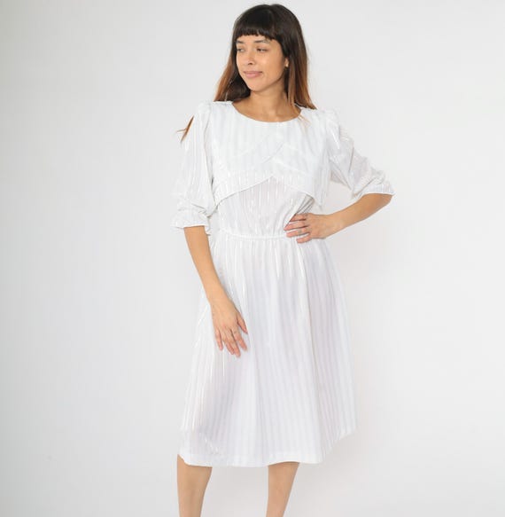 Vintage 80s White Ruffle Dress Puff Sleeve Midi Striped High Elastic Waist Semi-Sheer Secretary Day Dress 1980s Medium M