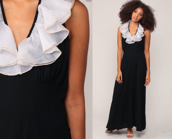 Black Maxi Dress 70s Halter Neck Party WHITE RUFFLE Dress Deep V Neck Empire Waist Vintage Cocktail 1970s Backless Sleeveless Medium