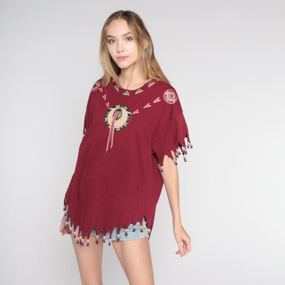 Vintage Southwestern Fringe Shirt 90s Concho Beaded T-Shirt Red Bison Skull Arrowhead Graphic Tee Native Art Western Top 1990s Medium M