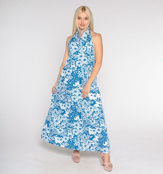 70s Floral Dress Blue Maxi Boho Open Back Halter Dress Flower Print Long Sun Dress Hippie Bohemian Sleeveless Vintage 1970s Medium Petite