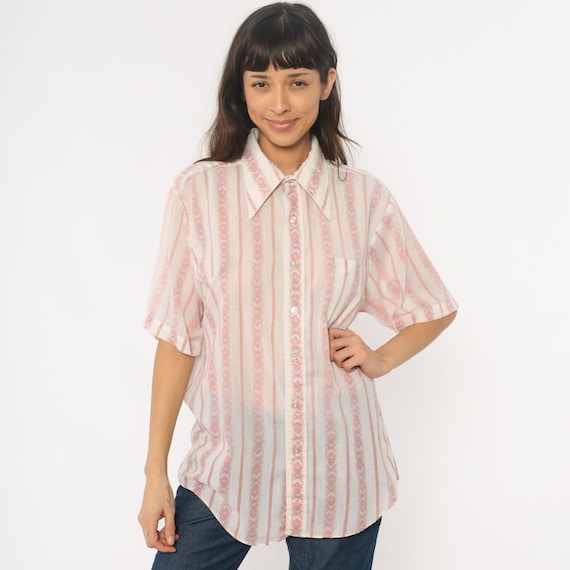 70s Pink Striped Button Down Shirt Pink Cream White Collared Blouse Pointed Collar Chest Pocket Vintage Secretary Office Western Large L