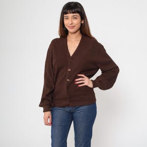 Vintage 80s Brown Cardigan Sweater V Neck Plain Button up 1980s 