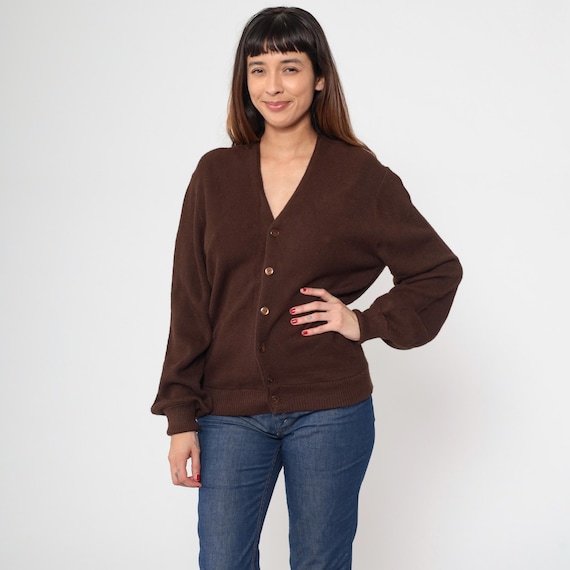 Vintage 80s Brown Cardigan Sweater V Neck Plain Button Up 1980s Grunge Slouchy Knit Sweater Men's Small S