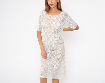Sheer White Crochet Dress 80s Boho Hippie Cotton Cutwork Midi Cut Out 1980s Beach Cover Up Short Sleeve Bohemian Chic Tunic Shift Large