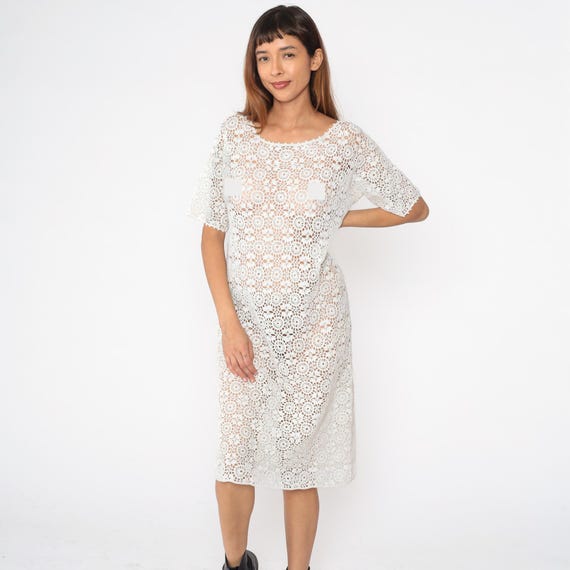 Sheer White Crochet Dress 80s Boho Hippie Cotton Cutwork Midi Cut Out 1980s Beach Cover Up Short Sleeve Bohemian Chic Tunic Shift Large