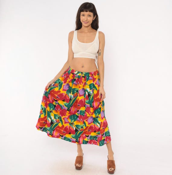 90s Watercolor Floral Skirt Gathered Pleated Full Red Yellow Teal Purple Tropical Print Colorful Summer Vacation Painted Flower Medium M