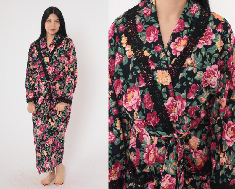 90s Victoria's Secret Robe Floral Dressing Gown Pink Black Lace Trim ...