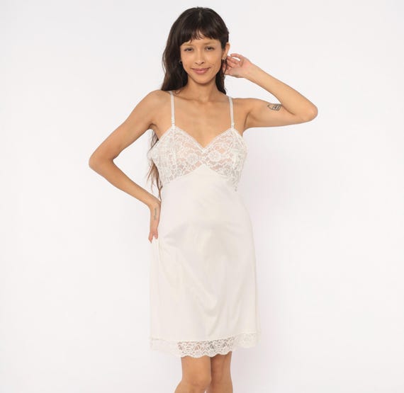 White Lace Slip Dress 80s Vanity Fair Lingerie V Neck Floral Bodice Ivory Chemise Spaghetti Strap Nightgown Cream Coquette Vintage Small S