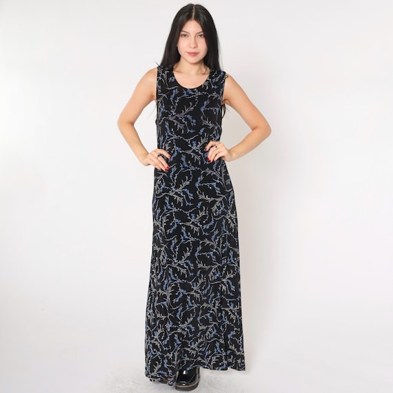 Vintage Black Floral Dress 90s Maxi Dress Flower Print Day Dress Scoop Neck Sleeveless Sun Tank Summer Bohemian Blue 1990s Stretchy Medium 8