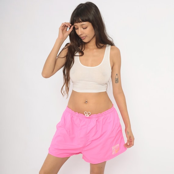 Hot Pink Swim Trunks 90s TYR Sport Shorts Elastic Waist Athletic Beach Surf Fuchsia Bubblegum Neon Swimwear Running Gym Vintage Medium M