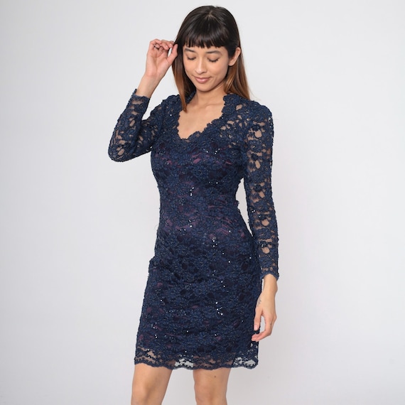 90s Beaded Lace Dress Navy Blue Mini Dress Bodycon Party 1990s Formal Sheath Cocktail Vintage Sequin Sheer Long Sleeve Small S