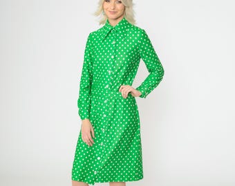 70s Polka Dot Dress Green Shirtdress Mod Midi Button Up Shift with Belt Dagger Collar Long Sleeve Retro Collared Vintage 1970s Small S