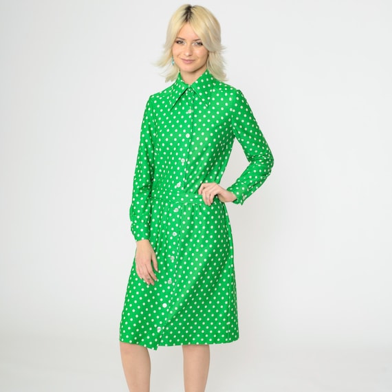 70s Polka Dot Dress Green Shirtdress Mod Midi Button Up Shift with Belt Dagger Collar Long Sleeve Retro Collared Vintage 1970s Small S