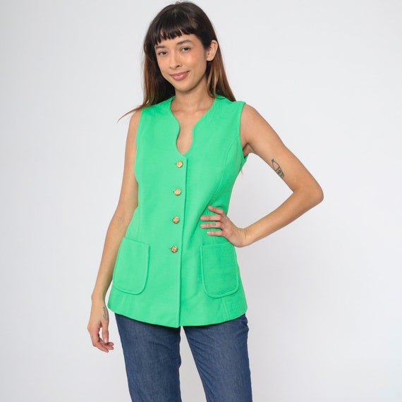 Vintage Lime Green Tank Top 70s Blouse Button up Shirt Sleeveless Plain Simple Basic Retro Summer Mod Bright 1970s Small S