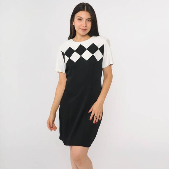 Vintage Color Block Dress Black White Mini Dress 90s Short Sleeve Checkered Party Dress Minidress Shift 1990s Retro Small 4