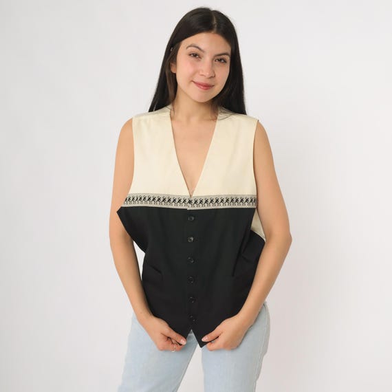 90s Moschino Vest Cheap and Chic Black White Colorblock Novelty Print Runway Inspired Tailored Button Front Italy Size Medium