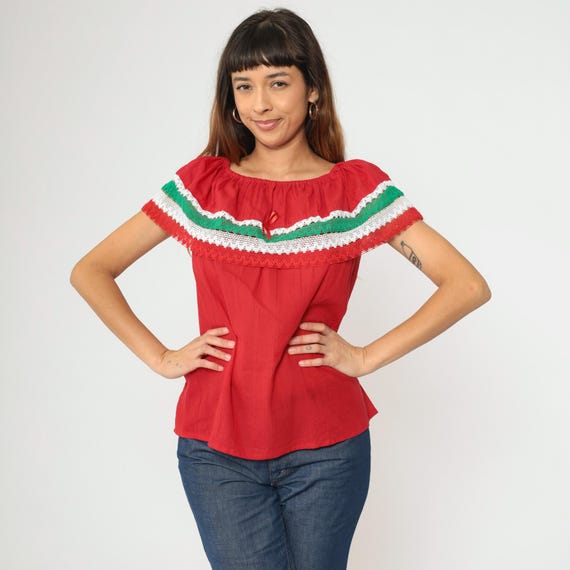 Vintage Red Mexican Blouse 90s Off Shoulder Top Crochet Lace Peasant Shirt White Green Boho Puebla Hippie 1990s Small Medium