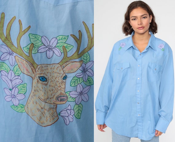 Western Deer Shirt 70s Floral Shirt Blue Hand Drawn Pearl Snap Shirt 1970s Vintage Button Up Boho Long Sleeve Cotton Rockabilly Medium Large