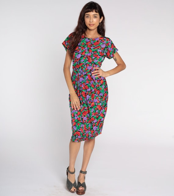 80s Floral Dress Midi Wiggle Dress Boho Short Sleeve Pencil Vintage 1980s High Waisted Bright Button Back Dress Small 4