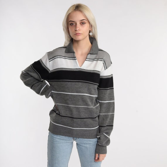 Grey Striped Sweater Collared Knit 70s 80s V Neck Pullover Sweater Bohemian Hippie 1970s Nerd Geek Slouchy Vintage Retro Boho Medium