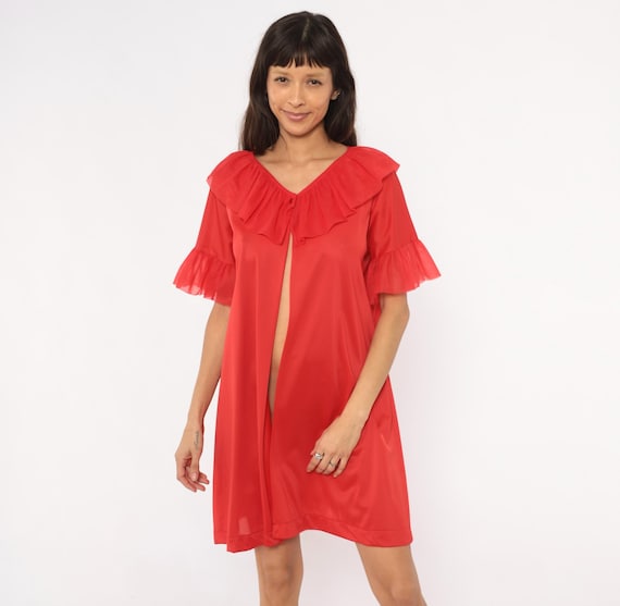 Red Ruffle Robe 70s Le Voys Open Front Duster Sheer Cherry Peignoir V Neck Lingerie Housecoat Scarlet Nightgown Loungewear Vintage Medium M