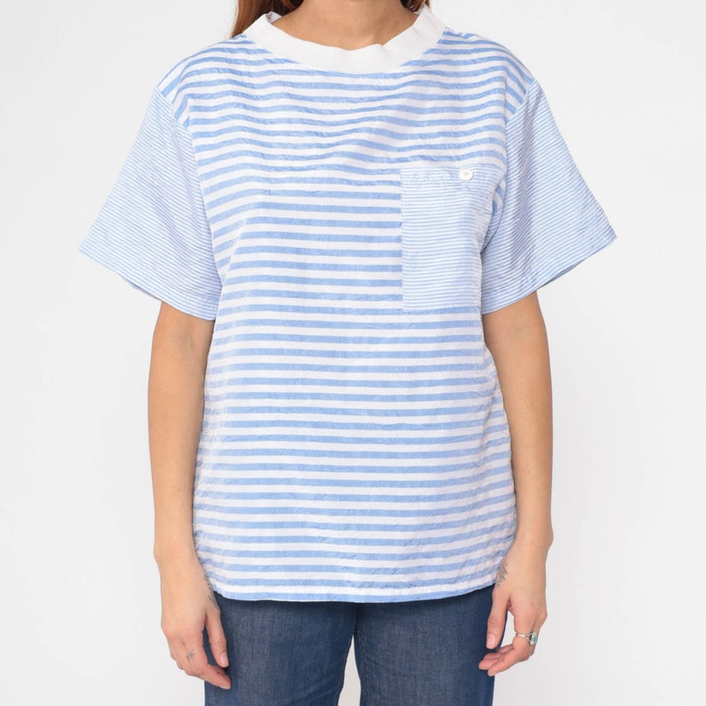 Striped T Shirt 90s Pocket T Shirt White Blue RINGER Tee 90s Grunge Hipster Retro Tee Vintage Normcore Short Sleeve Polyester Large L image 7