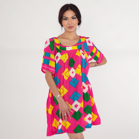 Pink Geometric Dress 70s Mini Tent Dress Diamond Print Trapeze Retro Lounge Day Boho Minidress Short Sleeve Flowy Loose Vintage 1970s Large