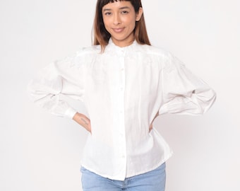 White Prairie Blouse 90s Cotton Smocked Ruffled Collar Cottagecore Peasant Mock Neck Victorian Embroidered Romantic Feminine Vintage Medium
