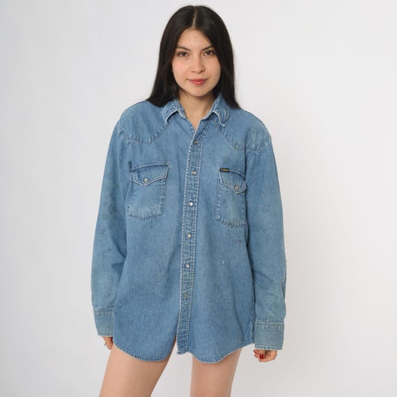 Distressed Denim Shirt 90s Osh Kosh Light Blue Cotton Western Snap Button Holes Grunge Workwear Long Sleeve Ripped Faded Worn Medium M