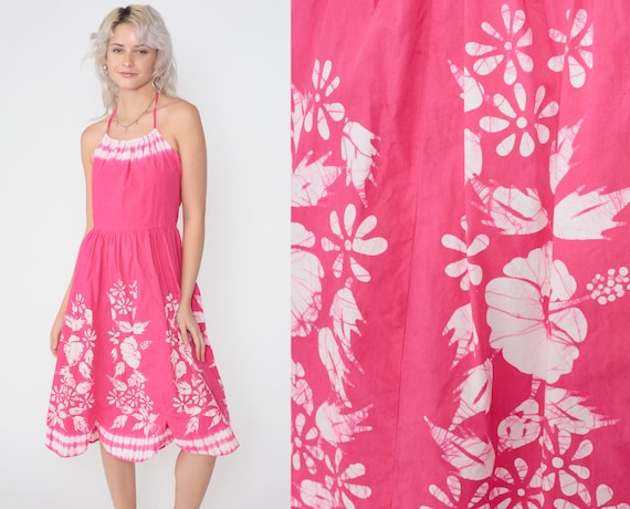 50s Sundress Pink Tropical Floral Halter Dress Tie Dye Flower Print Midi Day Dress Open Back Backless Sleeveless Cotton Vintage 1950s Small