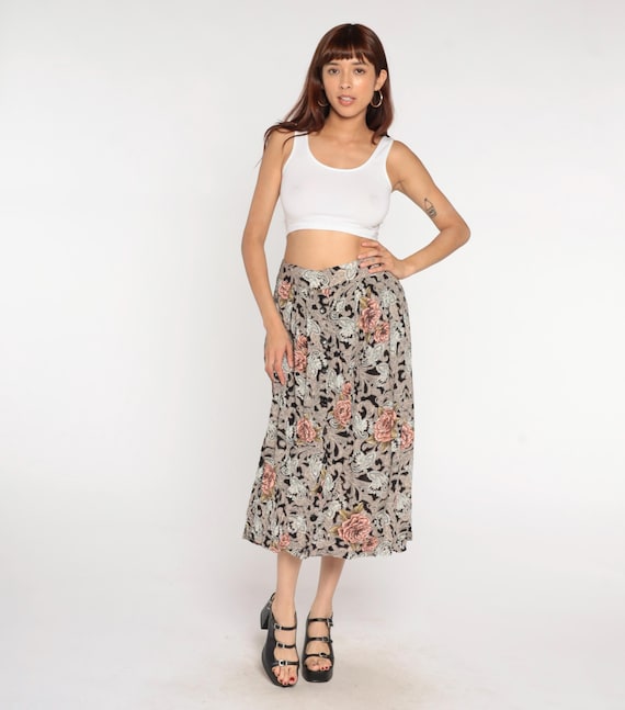 90s Floral Paisley Skirt Rose Print Black Pink Gray Elastic Waist Vintage Cottagecore Prairie Summer Festival Romantic Feminine Large L