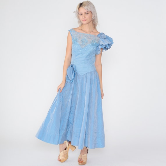 80s Prom Dress Baby Blue Gown Opalescent One Shoulder Bow Maxi Dress High Basque Waist Ruffled Retro Formal Ballgown Vintage 1980s Small S